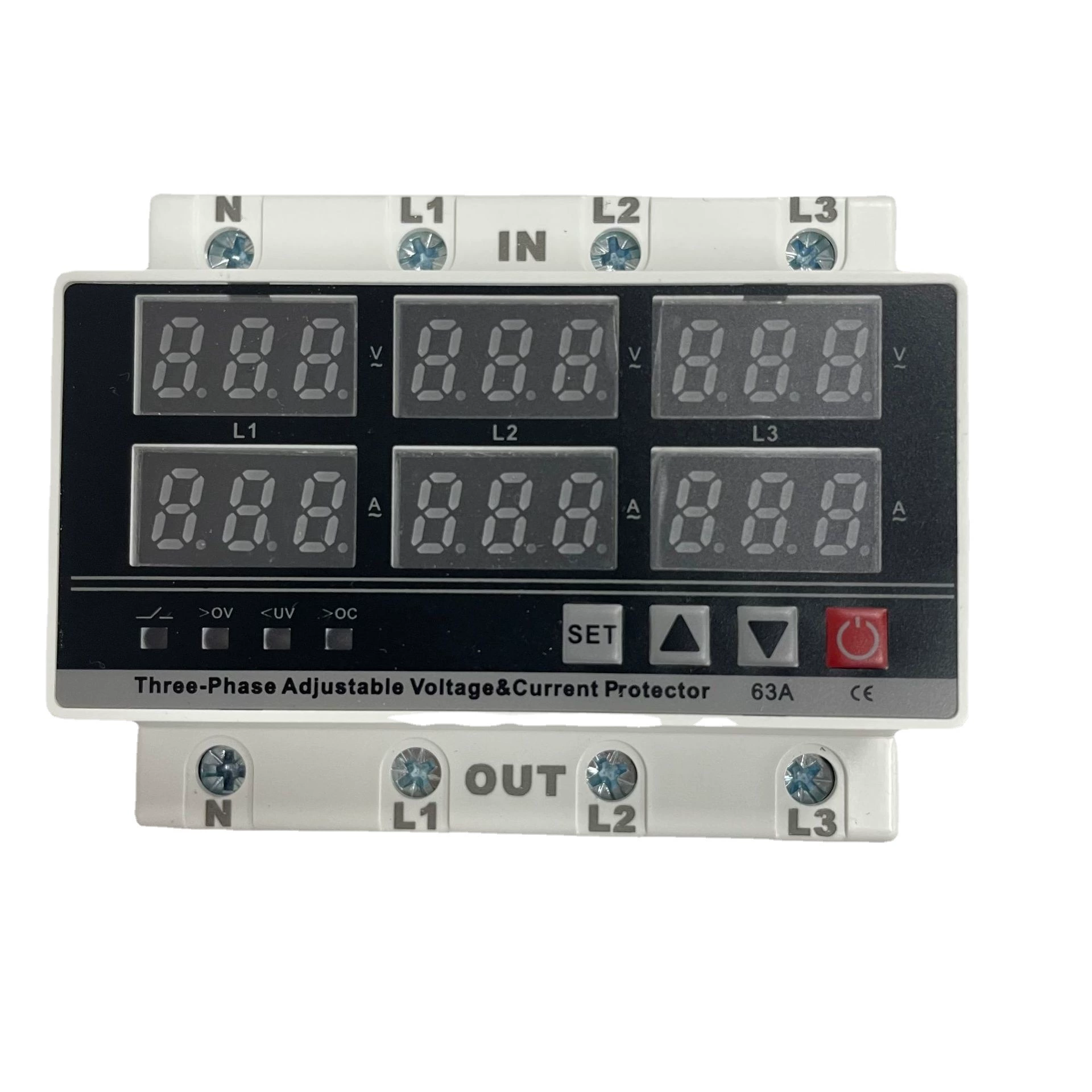 Трехфазный Регулируемый цифровой дисплей, самоклеящаяся защита от перегрузки по току 63 А, ограничение тока перегрузки и пониженного напряжения