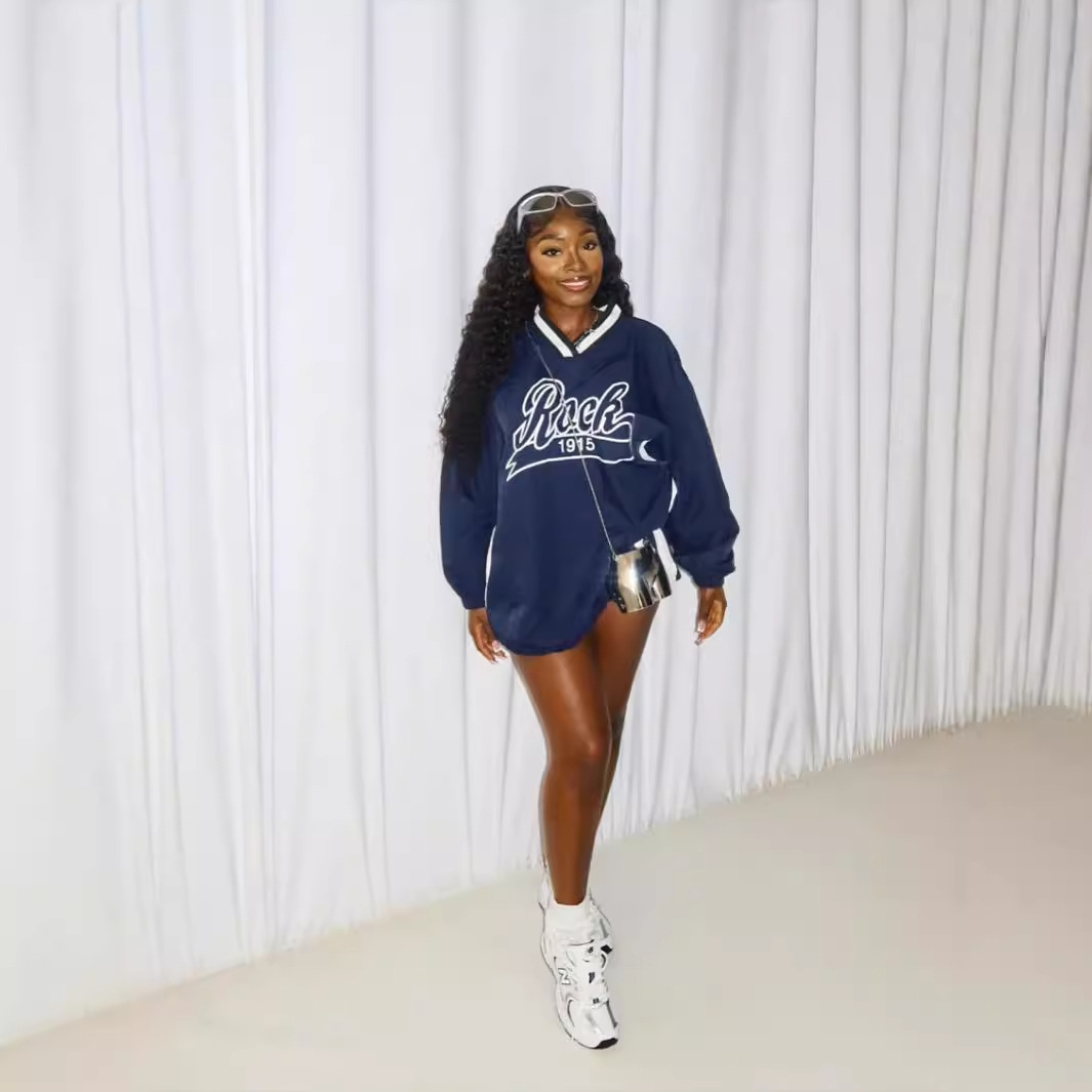 Felpa con scollo a V, stile americano, moda casual da strada, da donna, con stampa a lettere e blocchi di colore, ampia e larga_voghion.com