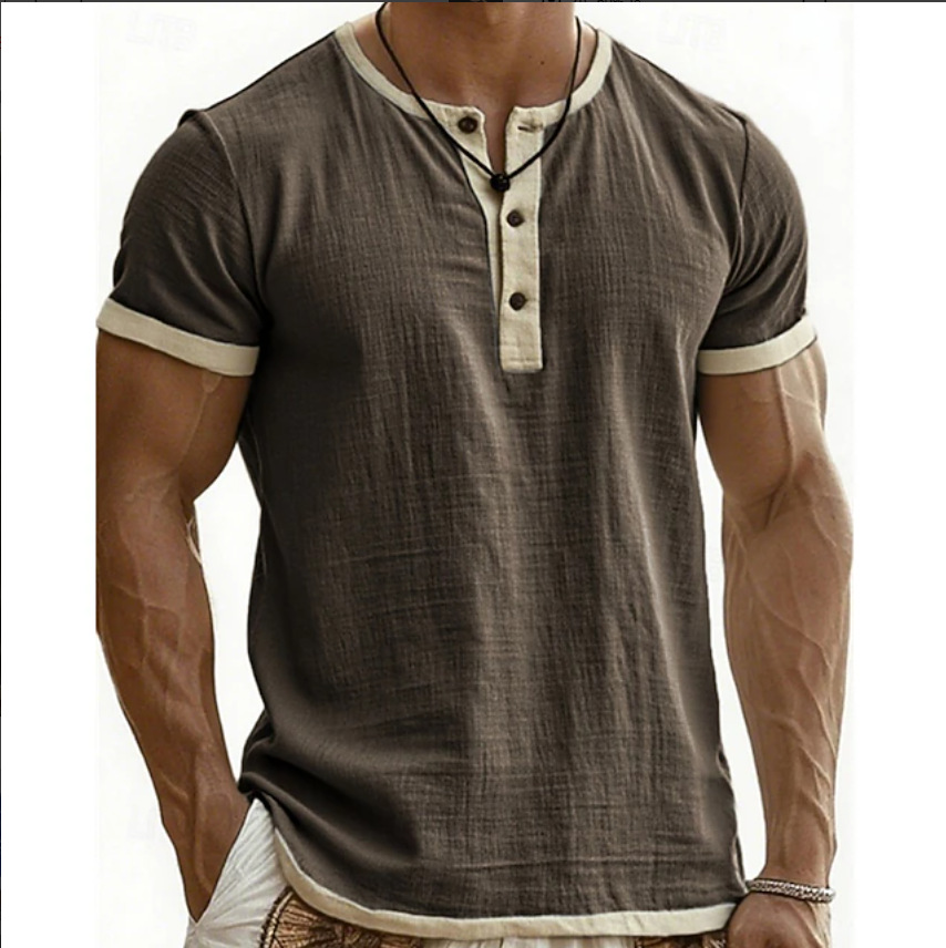 2025 Amazon European and American Cross-Border New Men's Clothing Retro Contrasting Color Casual Henry Collar Short-Sleeved T-Shirt Polo Shirt