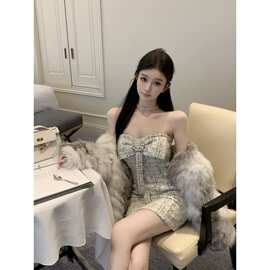法式小香风蝴蝶结设计感抹胸连衣裙秋季新款时尚纯欲包臀短裤子女