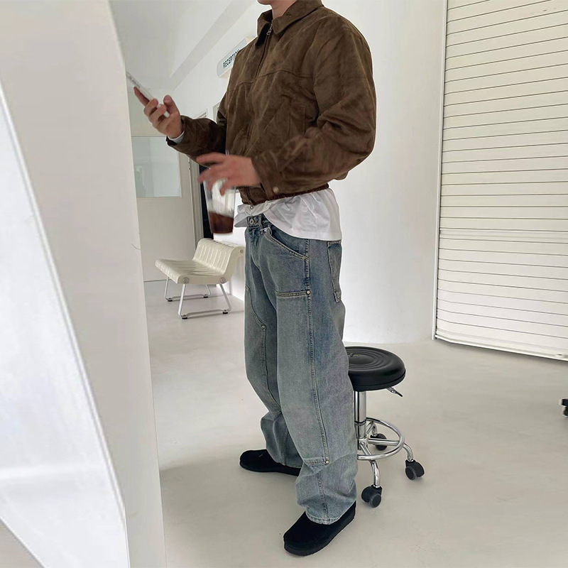 American retro blue washed cleanfit workwear jeans men's European and American high street double-knee logging vibe trousers