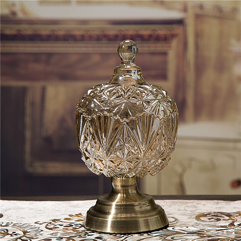 Taza de vidrio de cristal europea de azúcar, lata de almacenamiento de dulces, lata de bocadillos doméstica con cubierta, decoración del hogar estadounidense