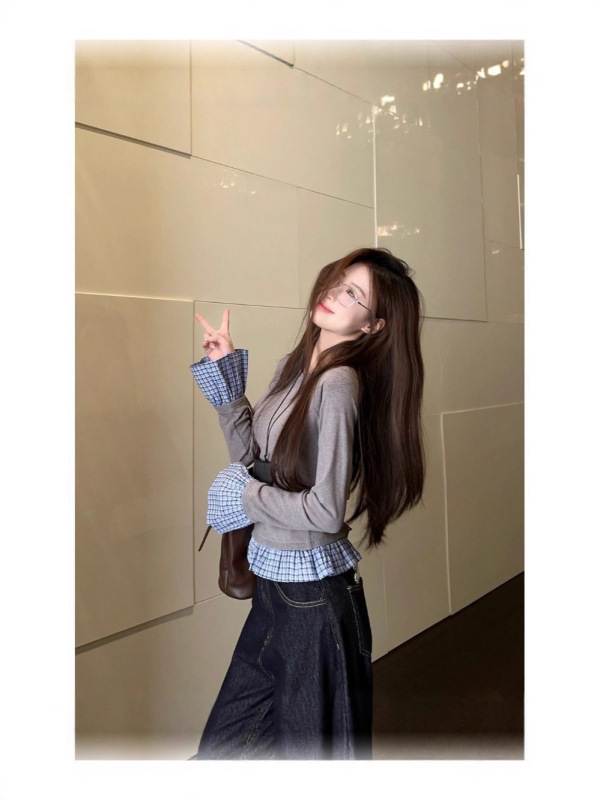 【自家工厂现货】休闲假两件长袖圆领格纹T恤女秋季修身显瘦上衣|undefined