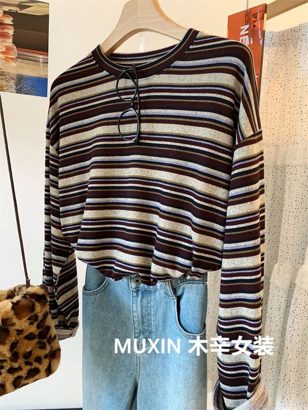 特大码240斤复古拼色秋女宽细条纹柔软圆领长袖百搭时尚显瘦T恤衫|undefined
