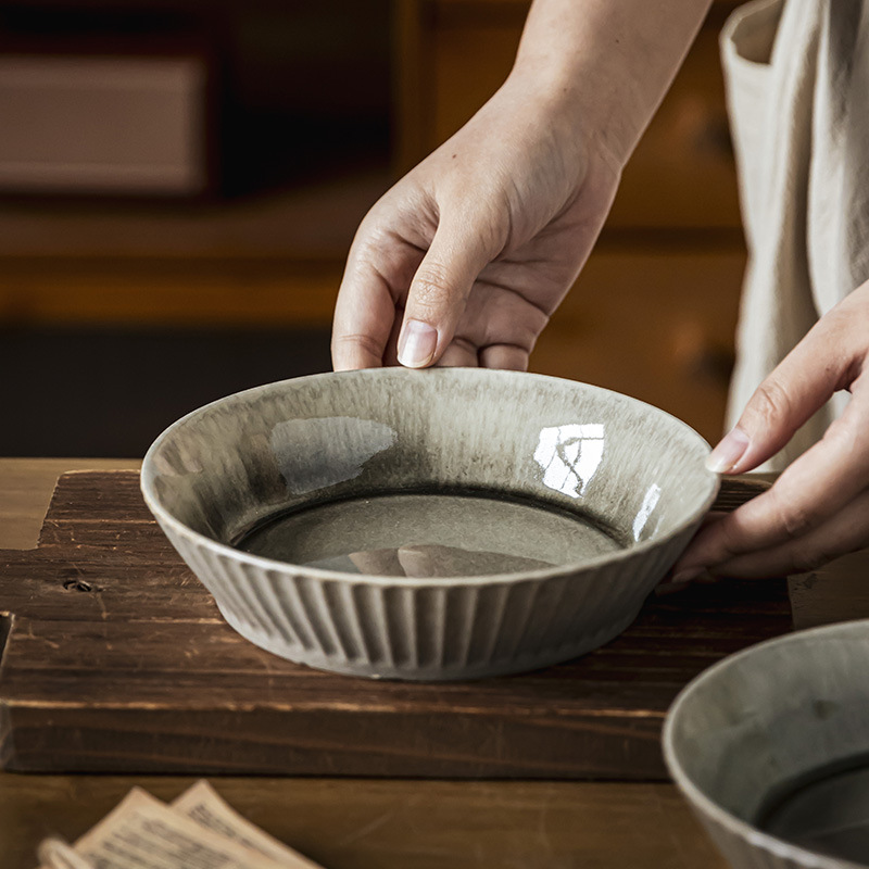 Japón estilo retro cerámica vajilla de alta sensación horno verdura tazón en relieve vertical casero ensalada de frutas tazón de postre tazón