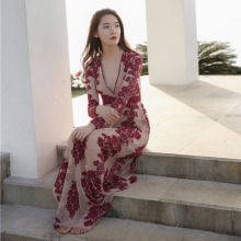 2024春夏新款波西米亚吊带沙滩裙蕾丝拖地连衣裙海边度假长裙仙女