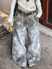 美式复古水洗星星满印弯刀牛仔裤女秋季新款宽松显瘦直筒阔腿长裤