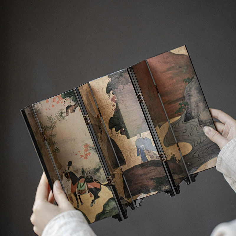 Double-Sided Mini Folding Screen Ornament, Lacquer Tea-Table Décor, Chinese Style Gift Box