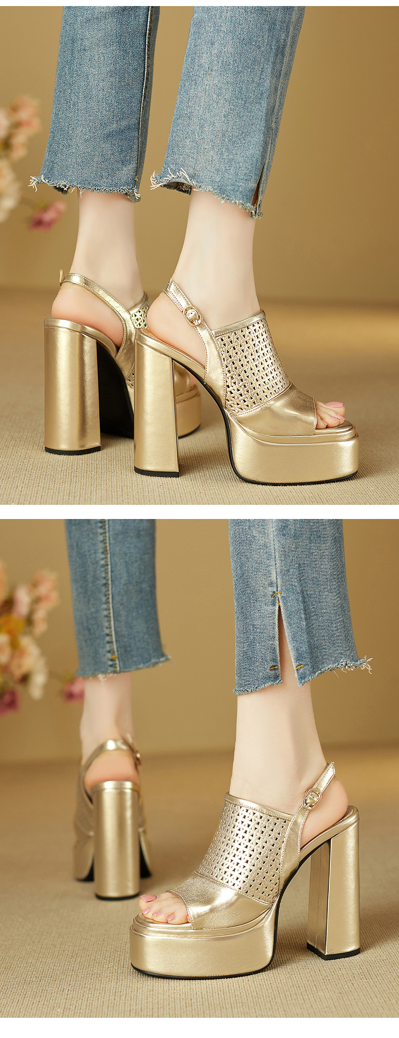 Sandal cao gót nữ da thật gót vuông đế rỗng hở mũi quai ngang — Màu đỏ rượu chi tiết 9
