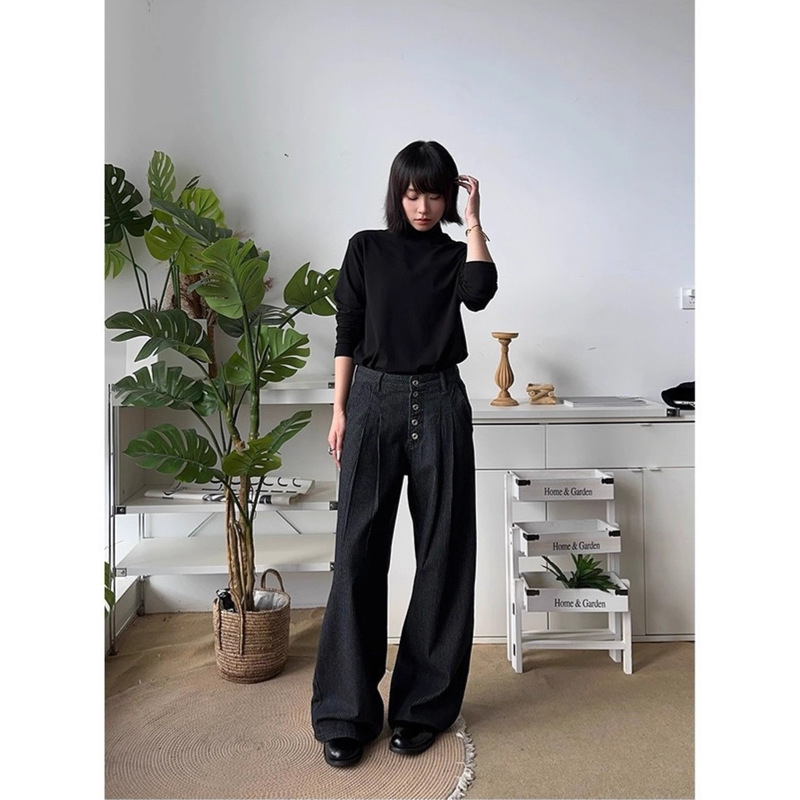 Okaythxbye Five-Button 12-Ounce Double-Pleated A-Line Wide Denim Pants Casual Loose Pants for Men and Women