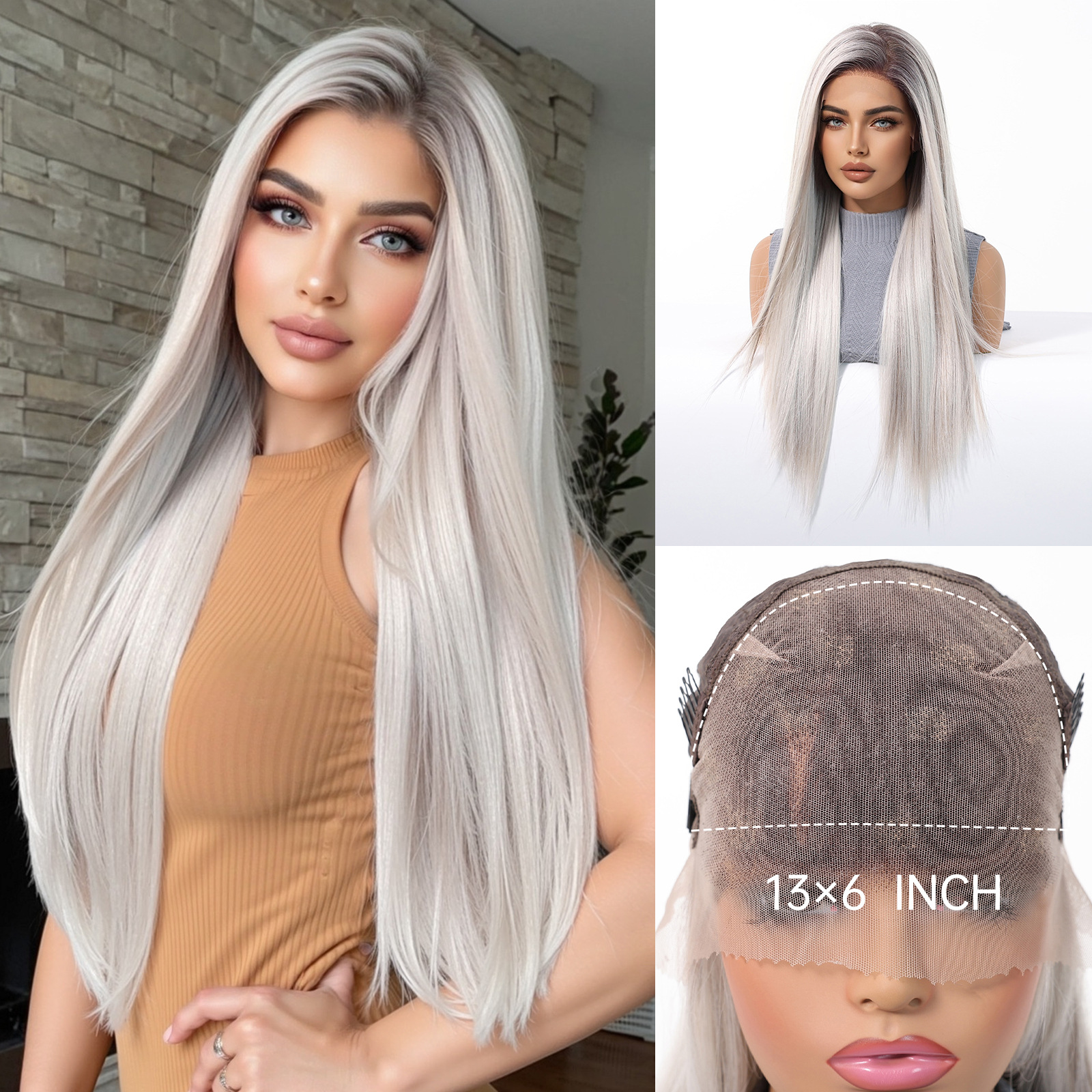 Transfronterizos Europa y Estados Unidos gran área peluca de encaje mujer cosida casual gradiente ruido cabello largo recto realista transpirable