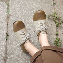 磨砂牛皮拼色休闲鞋女平底舒适文艺复古真皮女鞋低帮系带百搭单鞋