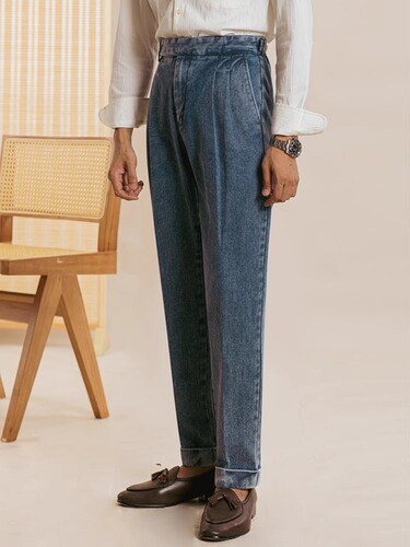 Neapolitan Retro High-Waisted Straight Leg Pants - Japanese Gentleman's Stylish Mix of Heavy-Duty Washed Denim Leisure Trousers