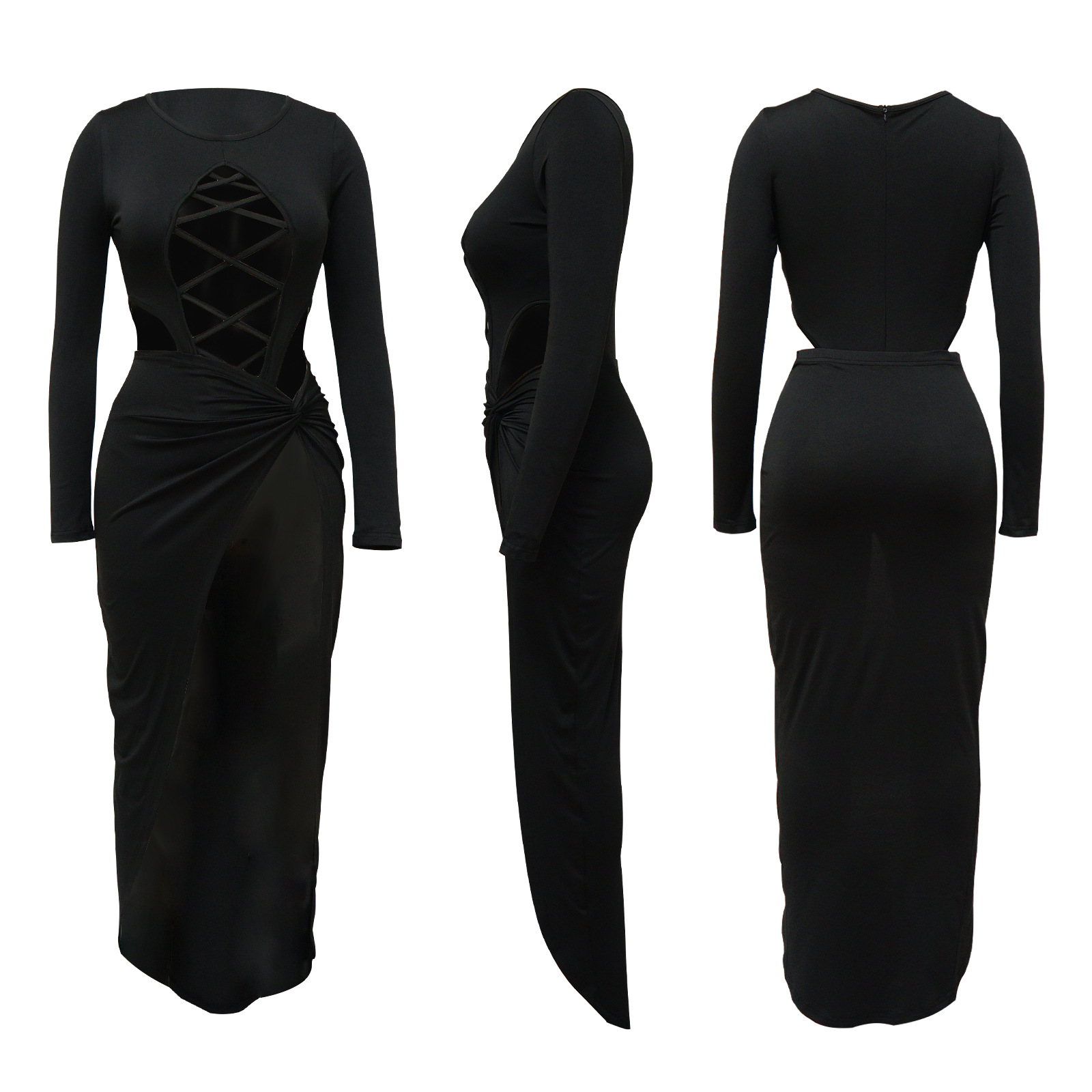 Conjunto de saia e top sexy manga comprida com recortes_voghion.com