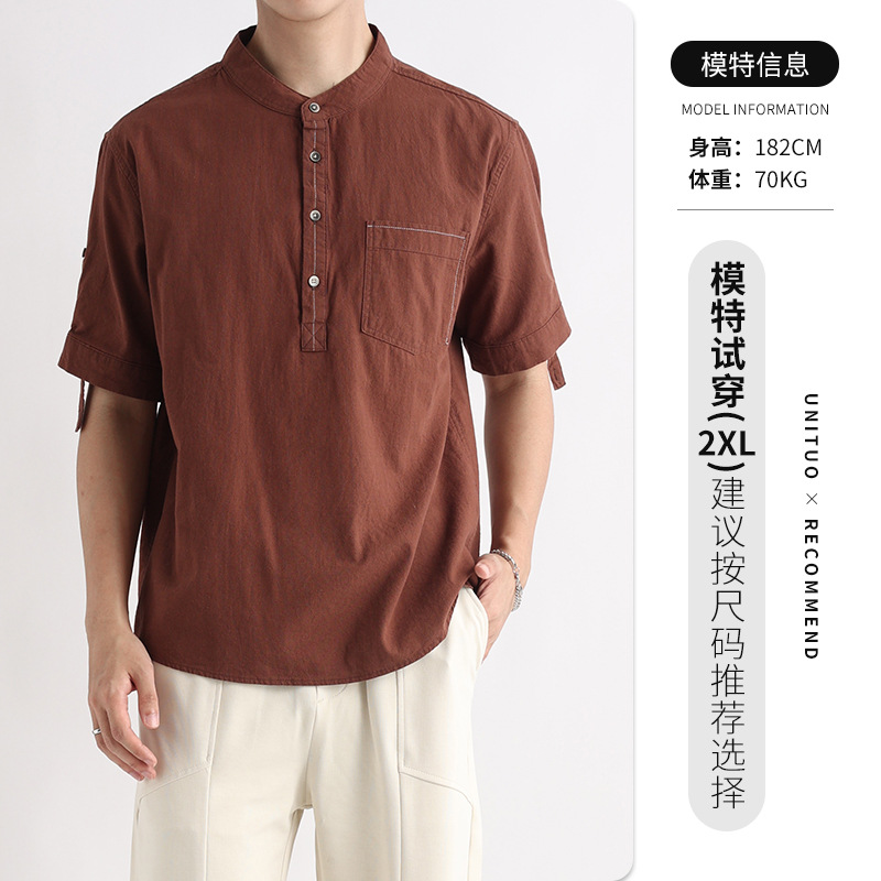 Camisa de media rebeca con cuello Henry, camisa de hombre de manga corta de algodón con cuello alto, camisa casual de marca de moda de verano para hombre suelto, verano para hombre