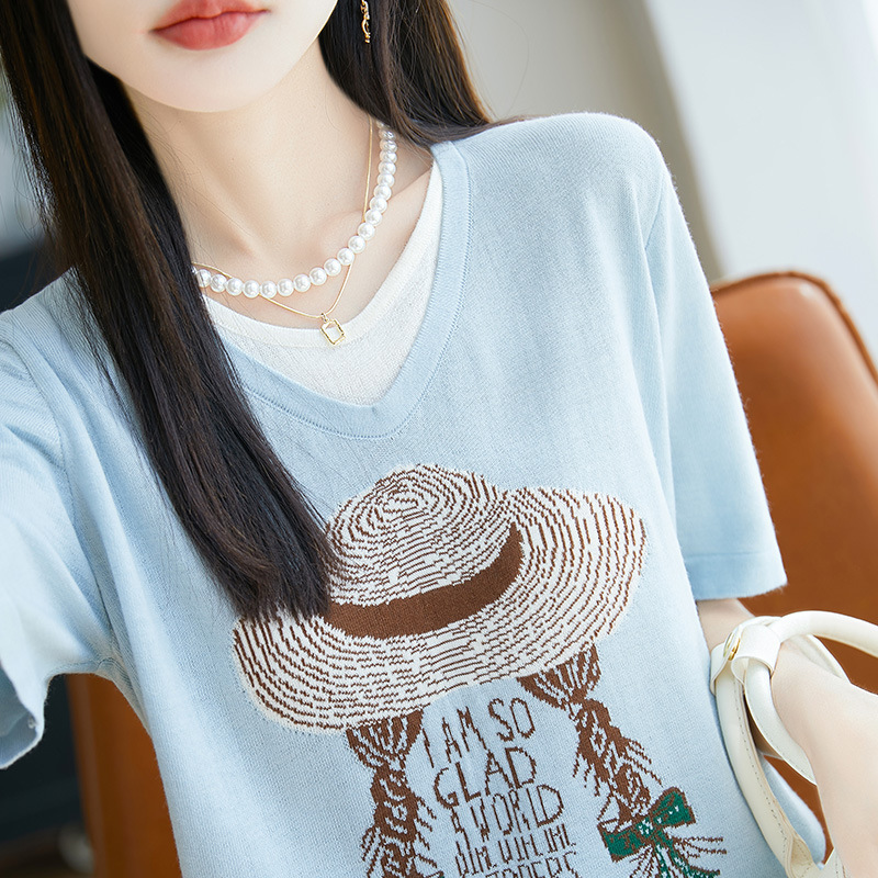 Hat Girl Color-matching Fake Two-piece Loose Pullover Short-sleeved T-shirt Women's Summer Thin Comfortable Niche Women's Fashion Top