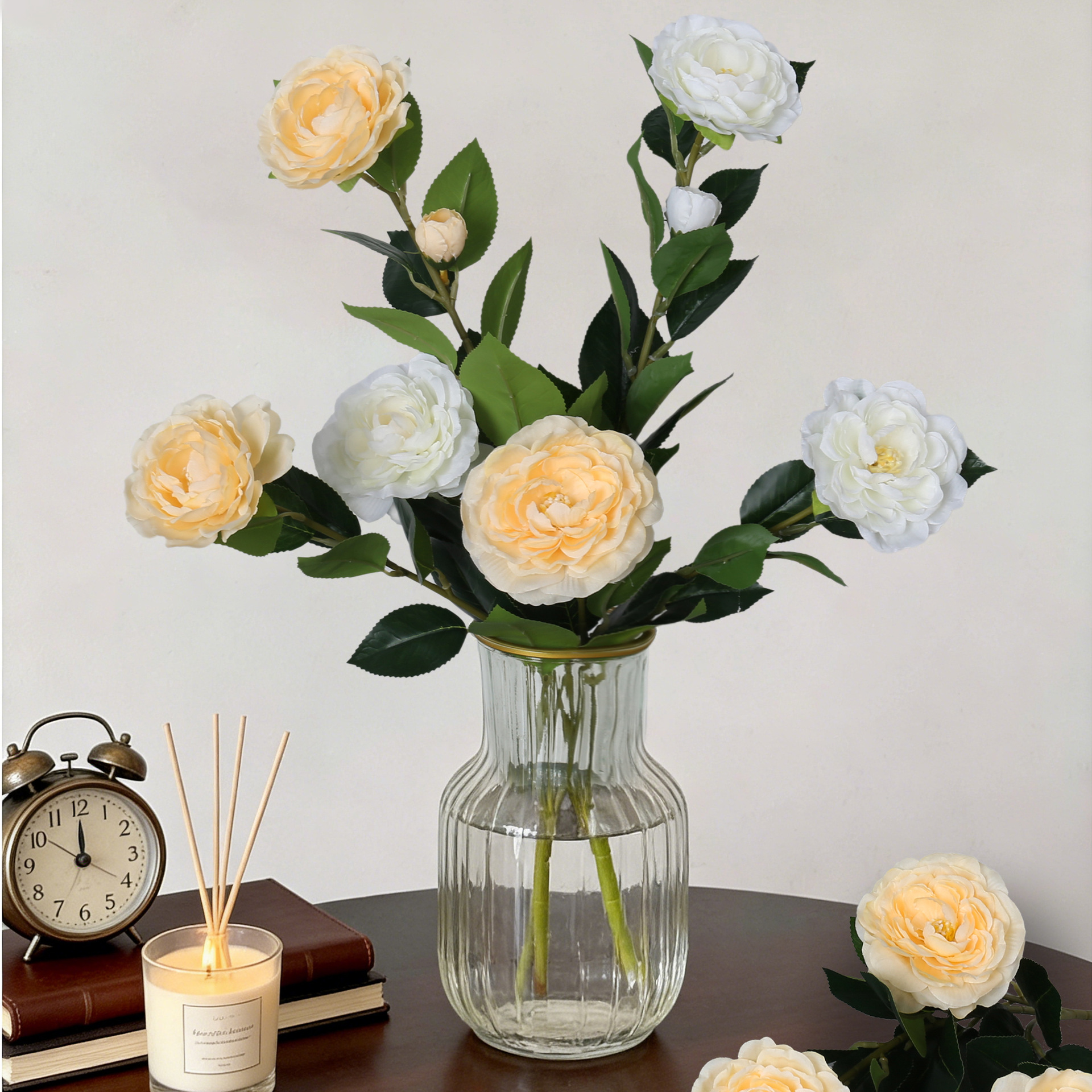 Simulación de camélia de cabeza larga ramas gardenia mesa de comedor sala de estar decoración de flores falsas árboles paisajismo props de fotografía