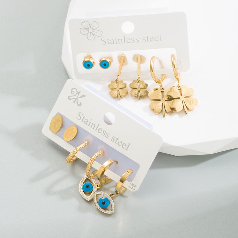 Fashion Four Leaf Clover Eye Titanium Steel Earrings Rhinestones Stainless Steel Earrings 3 Piece Se