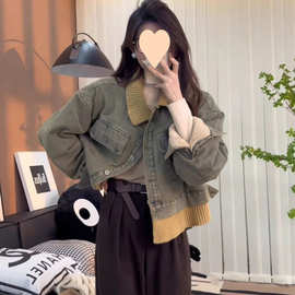 2024秋冬季新款牛仔外套棉服棉衣加绒加厚撞色翻领假两件上衣女