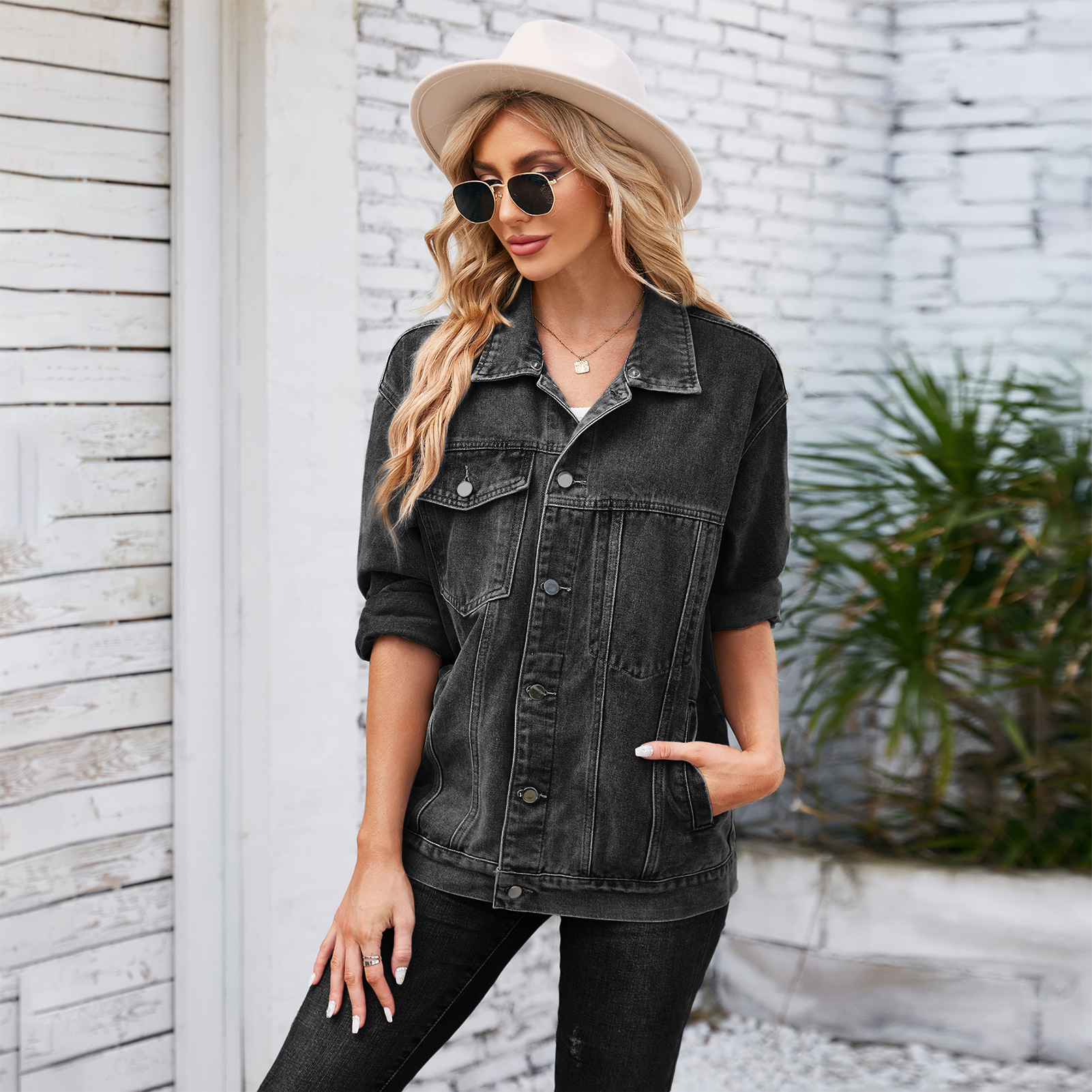 805g Weight Denim Jacket Outerwear Type Long Sleeve Sleeve Length Single Breasted Placket Type Denim Fabric Type Long Top Length Casual Occasion Turndown, Hooded Neckline Loose Fit Type Color Block Pattern Spring, Autumn Season Women's Gender Streetwear Style Women's Streetwear Color Block Single Breasted Denim Jacket 9