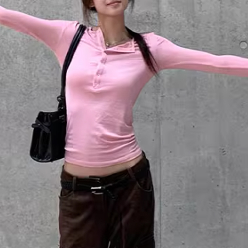 2025 美式修身亨利衫长袖t恤女显瘦辣妹百搭休闲纯色打底衫小上衣|undefined