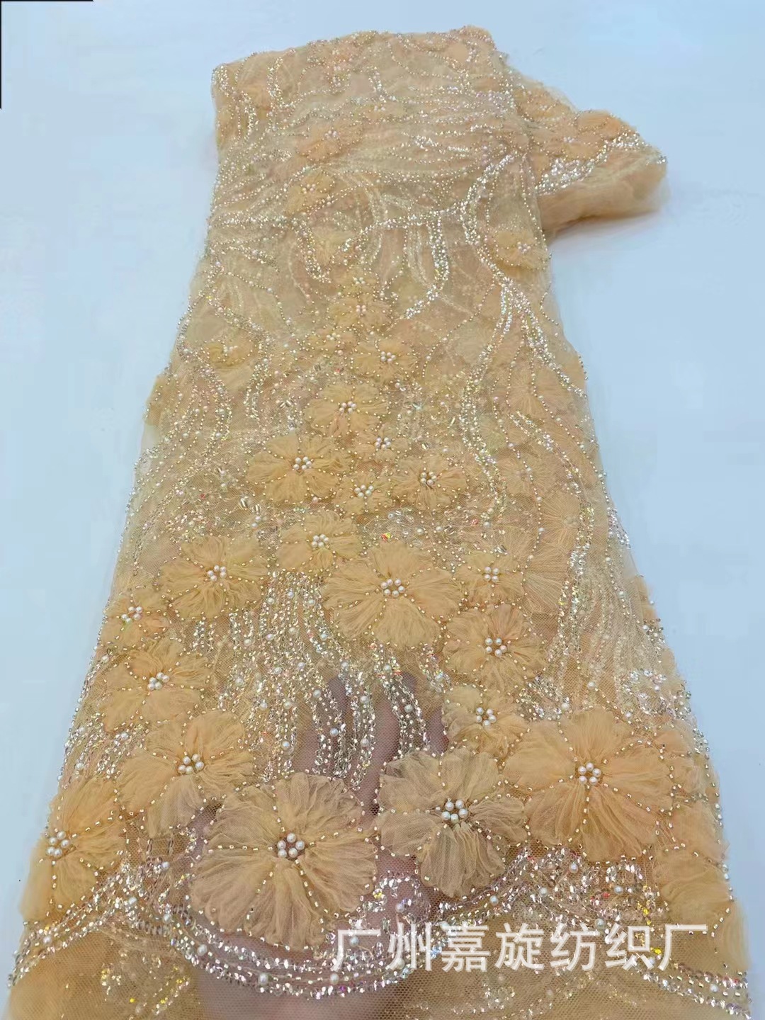 Vestido de boda francés bordado full sequined cuentas tejido de encaje de novia 3D tela de encaje