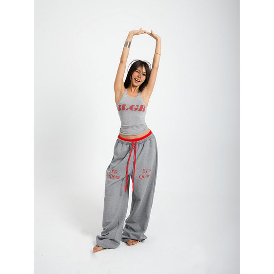 Hot Girls Sports Style Beauty Drag Cool Contrast Color Double Waist Stitching Casual Pants Spring and Autumn New Loose Ins Sports Pants