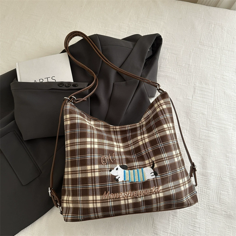 Capacious Convertible Shoulder Bag Backpack, Plaid Pattern with Embroidered Motif, Spacious