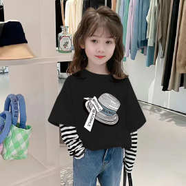 G2350#纯棉儿童t恤长袖上衣2025新款百搭女童装假两件条纹打底衫