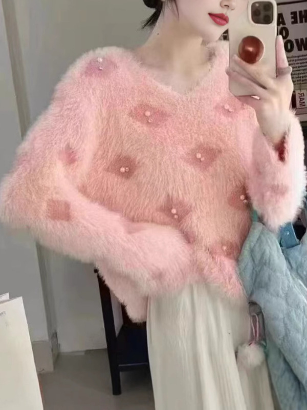 韓国版の新しい光沢のある新年クリスマスセーター女性のための秋と冬の新しいミンクベルベットデザインソフトワックスルーズトップ|undefined