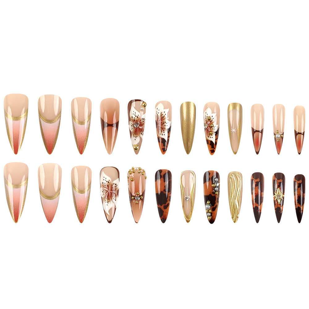 24 piezas de uñas postizas iridiscentes con relieve, arte floral 3D chapado en oro con pedrería, piezas de uñas de alta gama para comercio exterior, uñas postizas. image 6