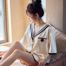 热销欧美时尚冰雪丝家居服套装夏季开衫短袖短裤睡衣女可外穿百搭