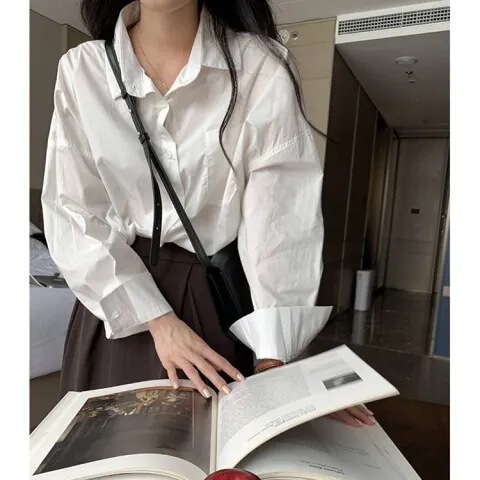 (Plum Skin + Pocket Style) JK Uniform Blouse Spring Summer Autumn Winter White Long-Sleeve Student Shirt Top