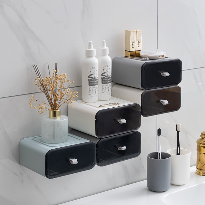 Caja de almacenamiento impermeable de baño montado en la pared estante de almacenamiento de baño sin golpes cosméticos caja de almacenamiento de joyas caja de almacenamiento de color de contraste