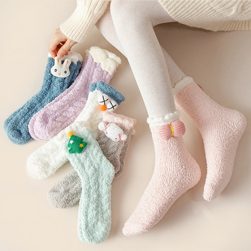 Children's Korean version mid-calf winter and autumn lined home Christmas coral plush claw machine cute warm postpartum sleep socks