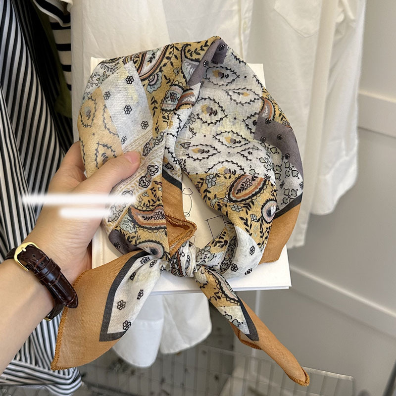 綿とリネンの夏の韓国の小さな正方形のスカーフ、女性用のフランスの芸術的な薄いシルクスカーフ、カシューナッツの花のスカーフ、髪を飾るネッカチーフ|undefined