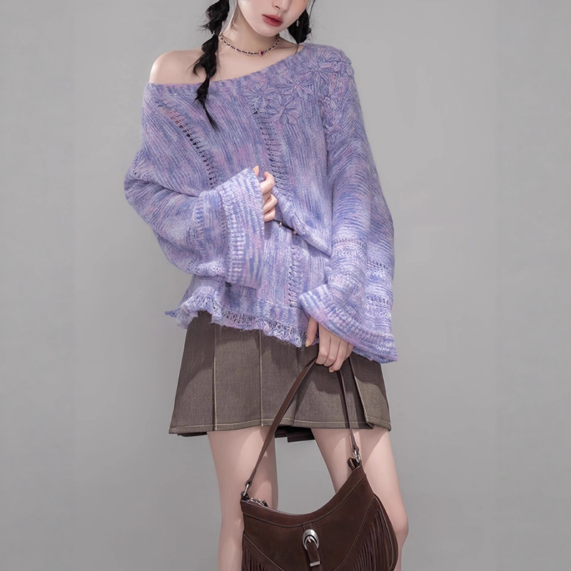 "Oil Painting Color" Monet Mist Purple Handmade Flower Clip Wool Pullover