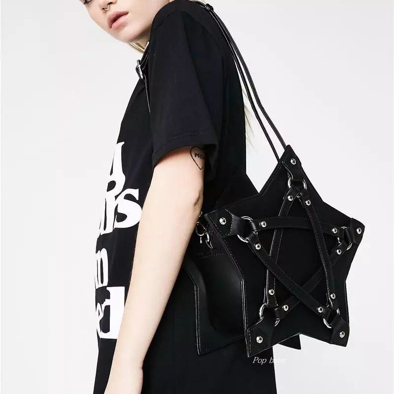 En stock oscuro estilo Harajuku pentagrama bolsa Correa pu hombro bolsa nicho fresco chica de gran capacidad bolsa de mensajero