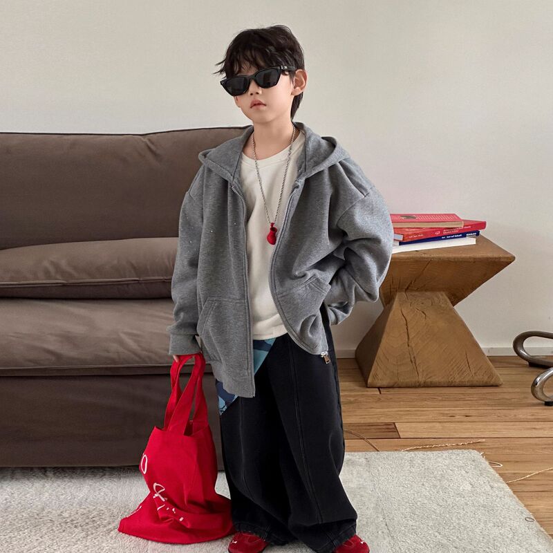 Boys' Fleece Jacket 2025 Autumn and Winter New Kidsren's Hooded Zipper Shirt for Small and Medium-Sized Kidsren Loose Thickeneded Kidsren's Clothing Trend