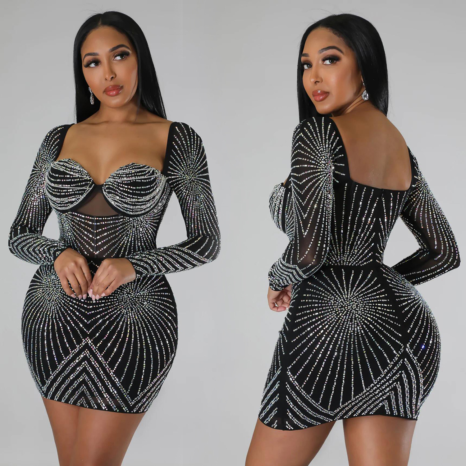 392g Weight Above Knee Dress Length Type Long Sleeve Sleeve Length Party Dress Dresses Type Regular Sleeve Sleeve Type Spandex, Polyester Fabric Type Mid Waist Waist Line Daily Occasion V Neck Neckline Regular Fit Fit Type Solid Color Pattern Summer, Spring, Autumn Season Women's Gender Diamond Design Elegant Style Wholesale Women's Elegant Diamond Solid Color Daily V Neck Long Sleeve Party Dress 5