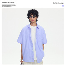 夏季日系cityboy复古蓝色条纹五分袖衬衫学院日常宽松情侣衬衣外