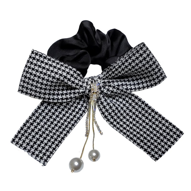 Korean Hair Accessories Black White Houndstooth Bow Tassel Hair Ring display picture 6