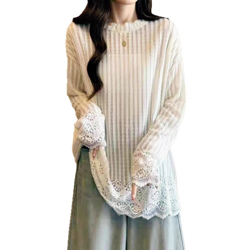 长袖女2025年新款秋季打底衫气质蕾丝韩系慵懒松弛感百搭针织上衣|undefined