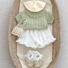 2024夏季婴儿衣服薄款镂空针织荷叶领套装宝宝甜美上衣短裤外出服