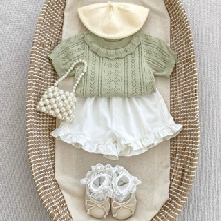 2025夏季婴儿衣服薄款镂空针织荷叶领套装宝宝甜美上衣短裤外出服