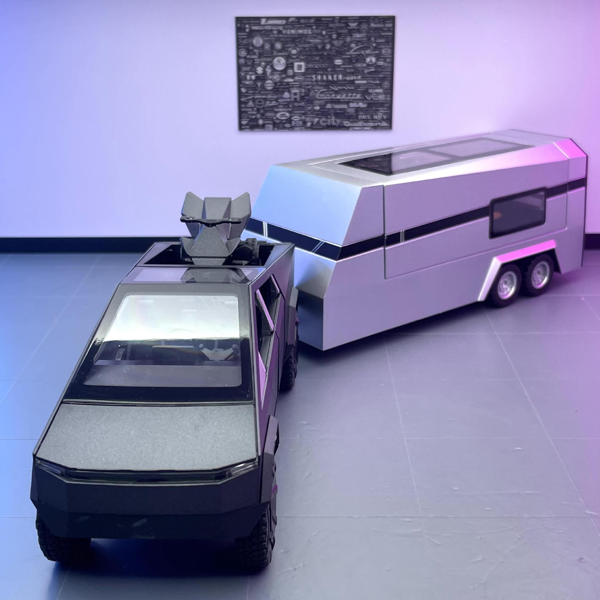 Modelo de coche de aleación de coche 1:32 Tesla pickup remolque RV tire hacia atrás con sonido y luz modelo de coche de juguete adornos