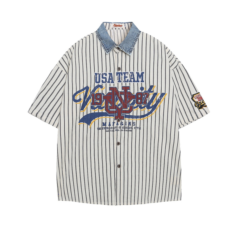 Jia Yi Ku Men's 2026 Summer New American Style Jersey Trendy Brand Striped Baseball Shirt Short Sleeve Loose Fit Men's Shirt