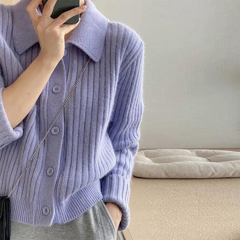 Kaning Simple Short Polo Collar Knitted Cardigan for Women 2026 Autumn New Korean Style Short Solid Color Top