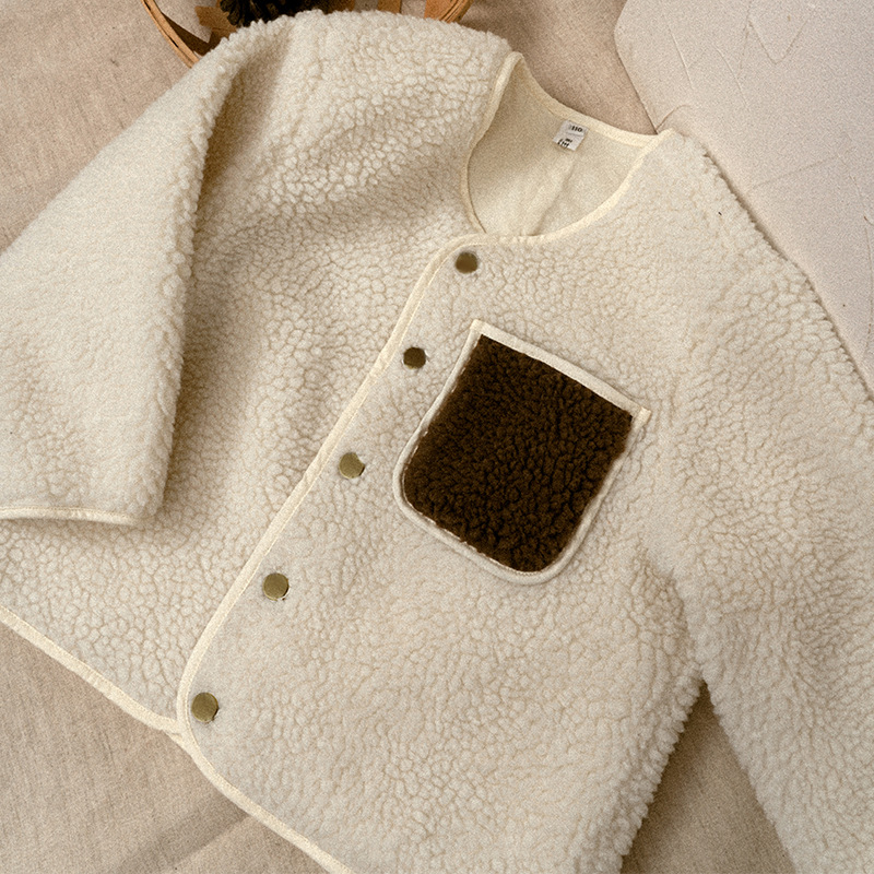 25 봄과 가을 새로운 양고기 울 재킷 디자인 크루 넥 싱글 브레스트 아동복 재킷 소년 소녀  긴 소매 카디건