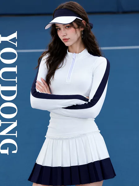 Trendy, popular brand tennis set featuring ribbed, slim-fit long sleeves and a pleated badminton skirt, offering high elasticity, moisture-wicking, and breathability